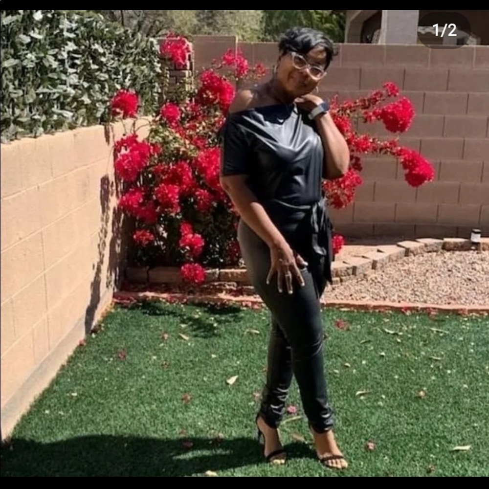 New- black Leather like off the shoulder jumpsuit